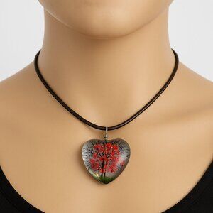 Heart-Shaped Pendant Necklace Red Floral Design - 18" Brown Cord Fashion Jewelry